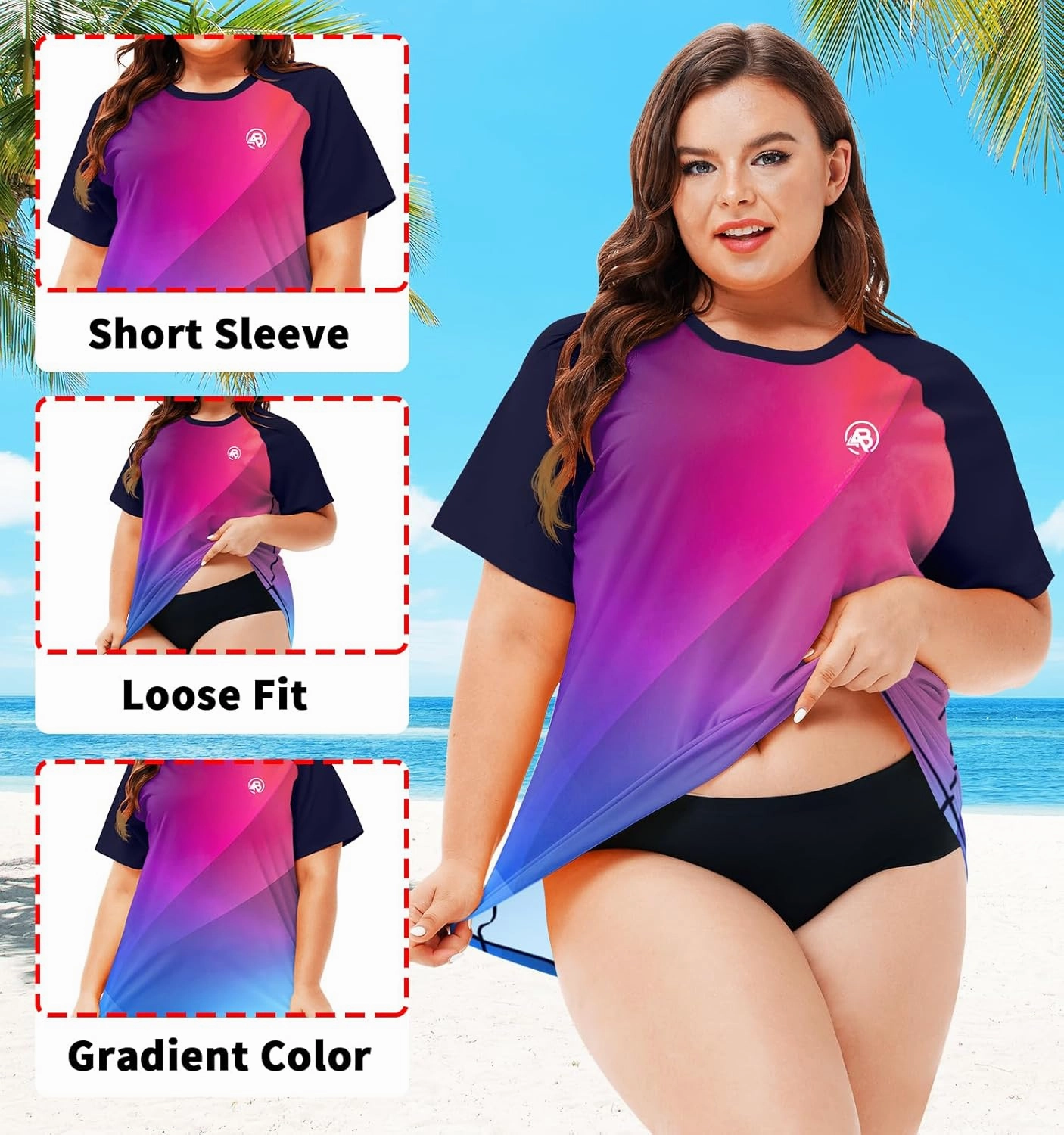 AOBUTE Women Plus Size Rash Guard Short Sleeve SPF Swim Shirts