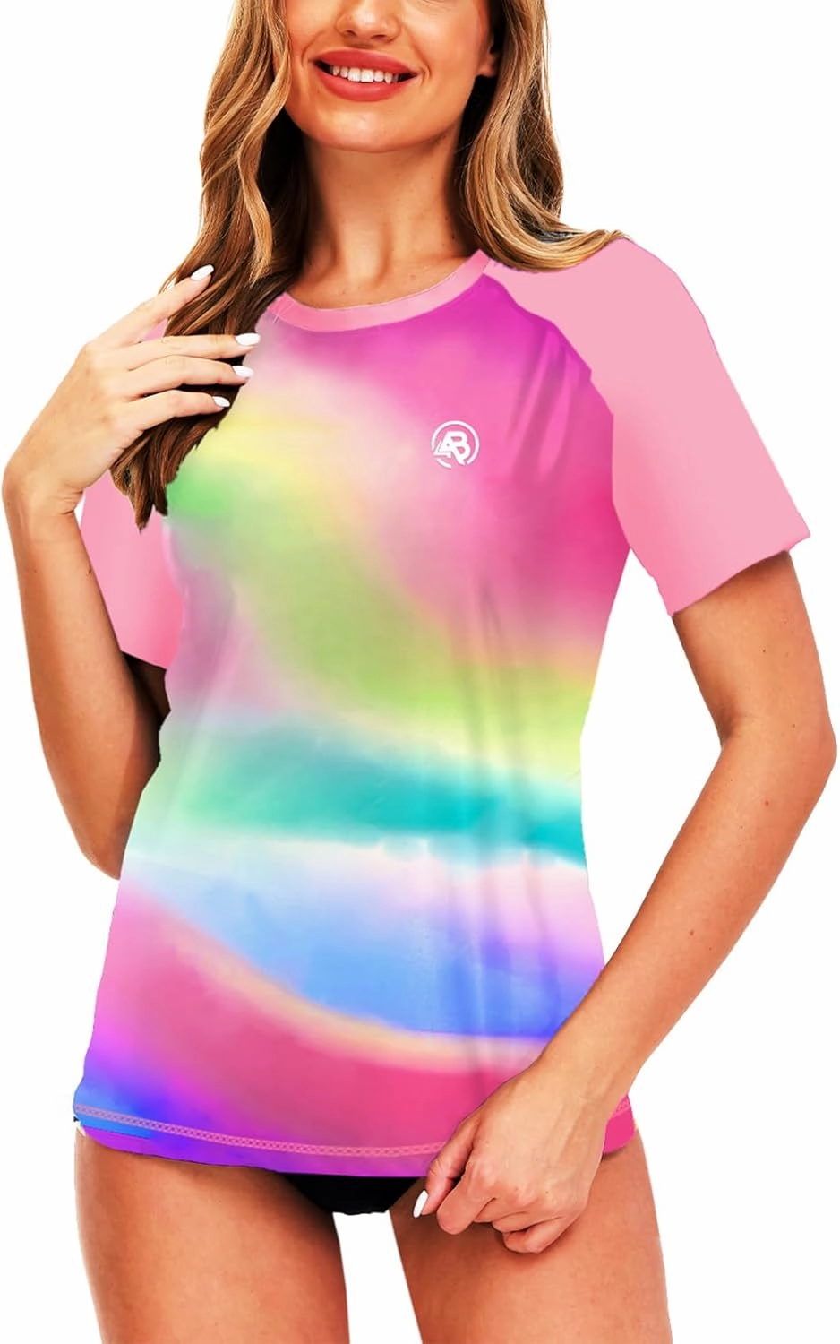AOBUTE Women Short Sleeve Rash Guard Gradient Sun Protection Swim Shirts