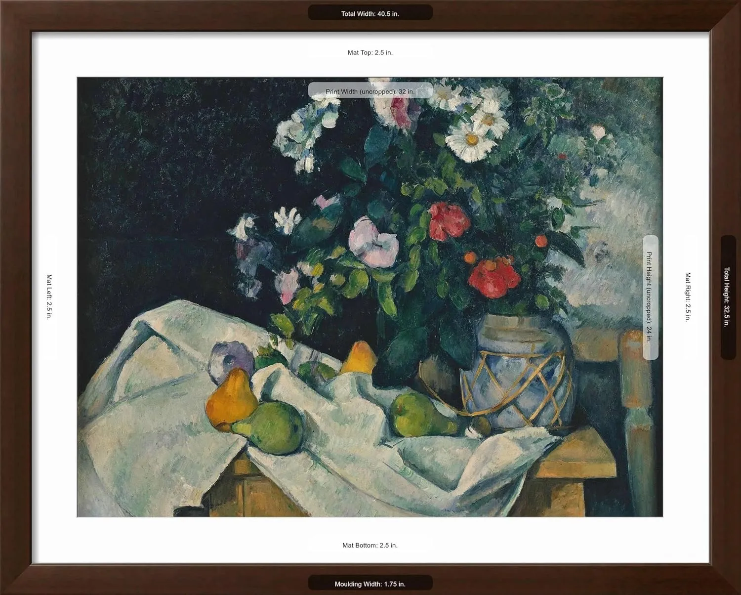 ART.COM Framed Wall Art Prints Still Life with Flowers and Fruit, 1889-1890 by Paul Cézanne, Food & Beverage Decor, 32" x 24", Espresso Frame with White Mat