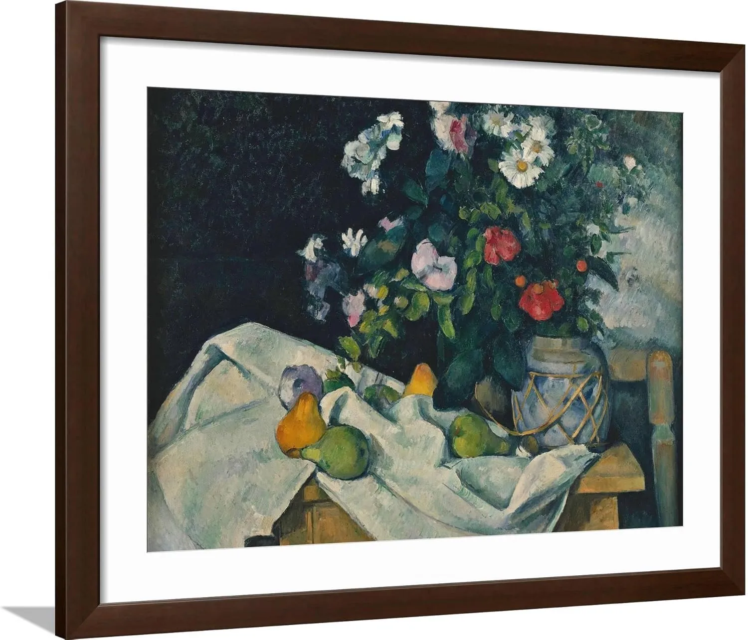 ART.COM Framed Wall Art Prints Still Life with Flowers and Fruit, 1889-1890 by Paul Cézanne, Food & Beverage Decor, 32" x 24", Espresso Frame with White Mat