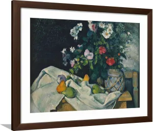 ART.COM Framed Wall Art Prints Still Life with Flowers and Fruit, 1889-1890 by Paul Cézanne, Food & Beverage Decor, 32" x 24", Espresso Frame with White Mat