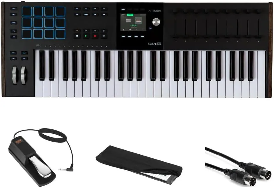 Arturia KeyLab 49 mk3 Black Key USB MIDI Keyboard Controller Bundle with Auray FP-P1L Universal Piano Sustain Pedal, Kaces KKC-MD Stretchy Keyboard Dust Cover medium, Hosa Mid-310 Black 10 cable