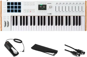Arturia KeyLab 49 mk3 White 49 Key USB MIDI Keyboard Controller Bundle with Auray FP-P1L Universal Piano Sustain Pedal, Kaces KKC-MD Stretchy Keyboard Dust Cover medium, Hosa Mid-310 Black 10 cable