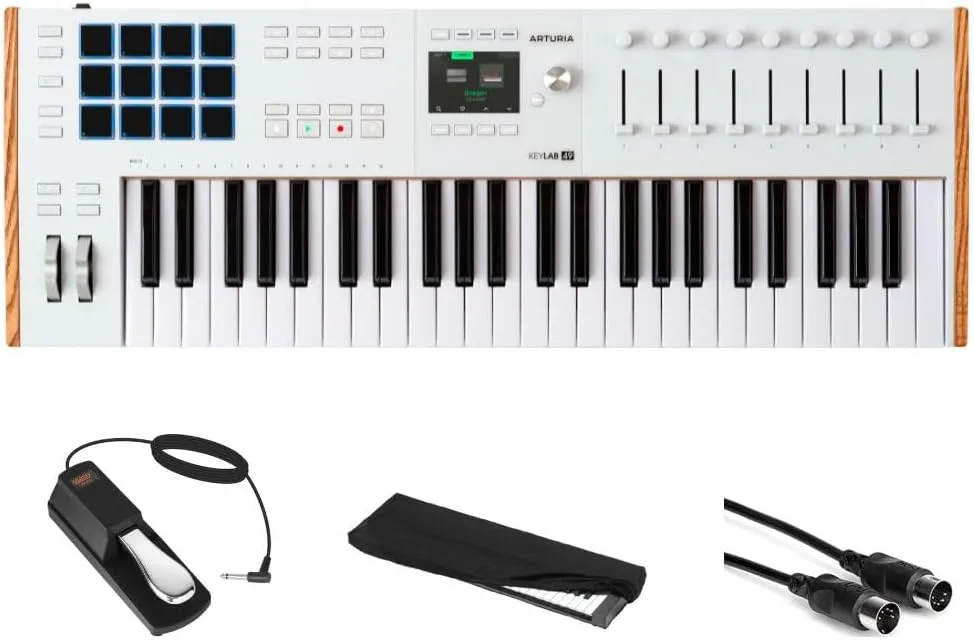 Arturia KeyLab 49 mk3 White 49 Key USB MIDI Keyboard Controller Bundle with Auray FP-P1L Universal Piano Sustain Pedal, Kaces KKC-MD Stretchy Keyboard Dust Cover medium, Hosa Mid-310 Black 10 cable