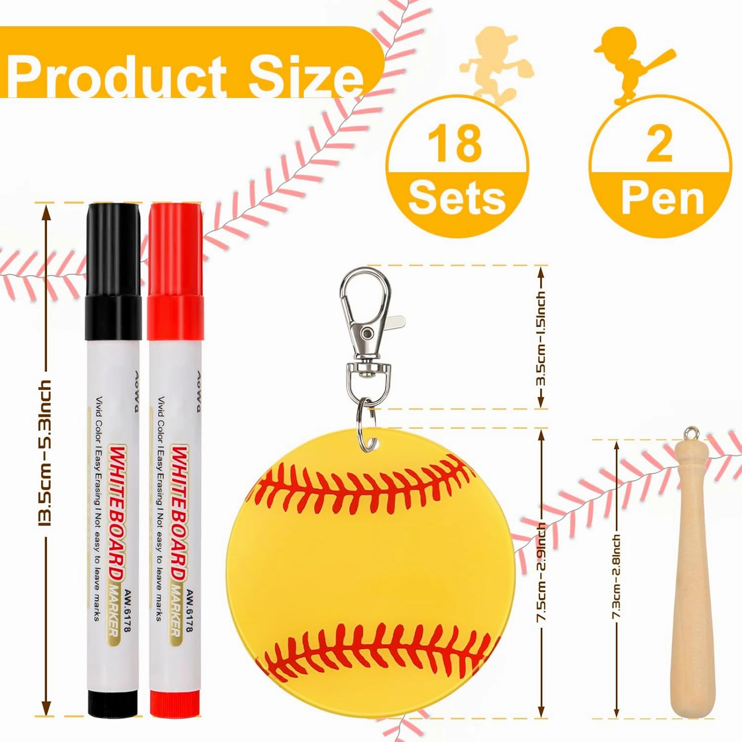 AUHOKY 18Sets 56Pcs Baseball Softball Acrylic Keychain Blanks Kit for DIY Sports Party Favor with 2 Pen