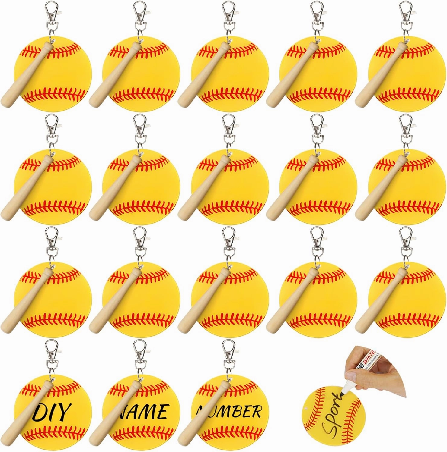 AUHOKY 18Sets 56Pcs Baseball Softball Acrylic Keychain Blanks Kit for DIY Sports Party Favor with 2 Pen