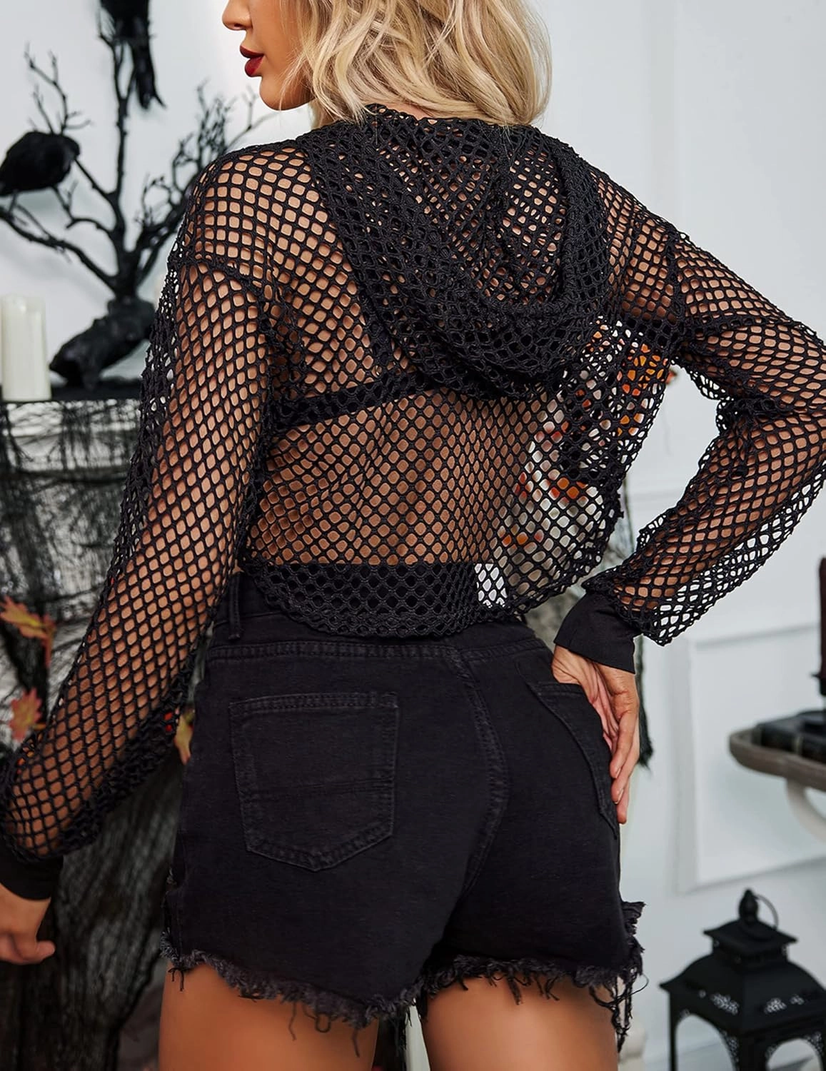 Avidlove Mesh Crop Top Hoodie Rave Tops For Women Long Sleeve Fishnet Shirt for Festival Club Party