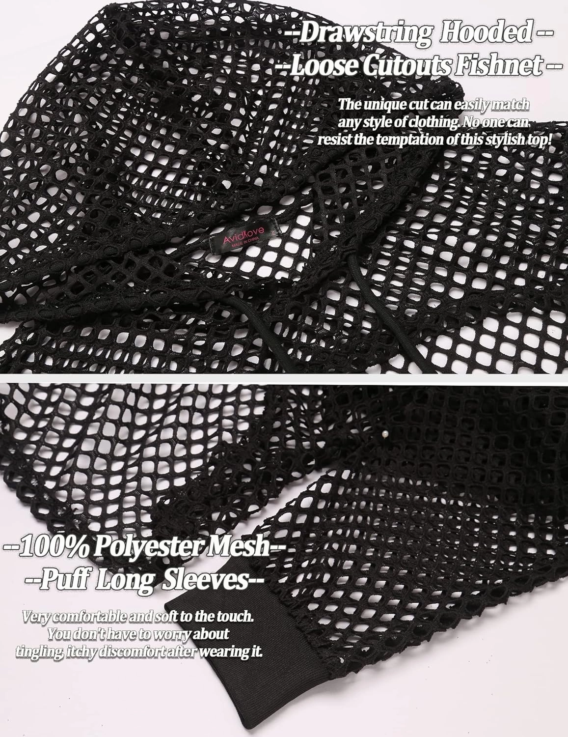 Avidlove Mesh Crop Top Hoodie Rave Tops For Women Long Sleeve Fishnet Shirt for Festival Club Party