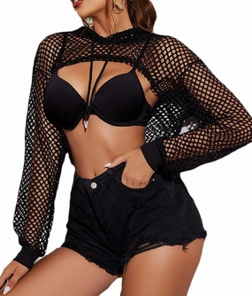 Avidlove Mesh Crop Top Hoodie Rave Tops For Women Long Sleeve Fishnet Shirt for Festival Club Party
