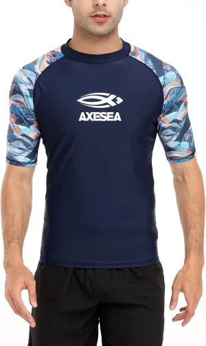 AXESEA Men's Short Sleeve Solid Swimsuit Sun Protection Rashguard Swim Shirt UPF 50 