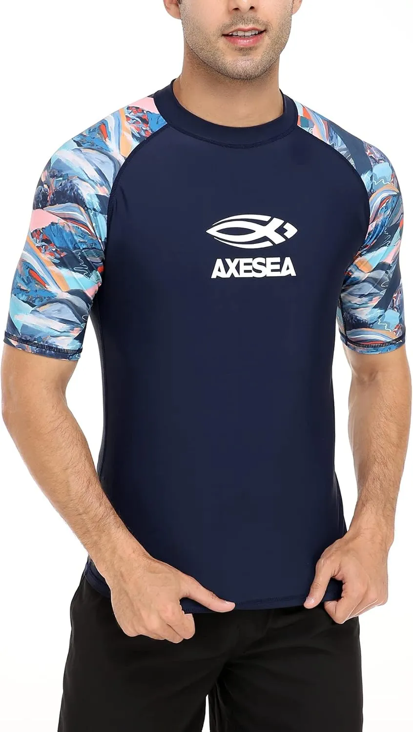 AXESEA Men's Short Sleeve Solid Swimsuit Sun Protection Rashguard Swim Shirt UPF 50 