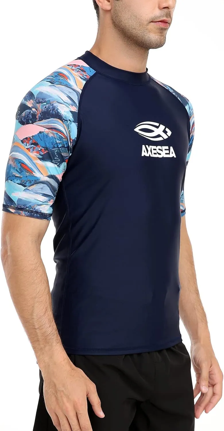 AXESEA Men's Short Sleeve Solid Swimsuit Sun Protection Rashguard Swim Shirt UPF 50 