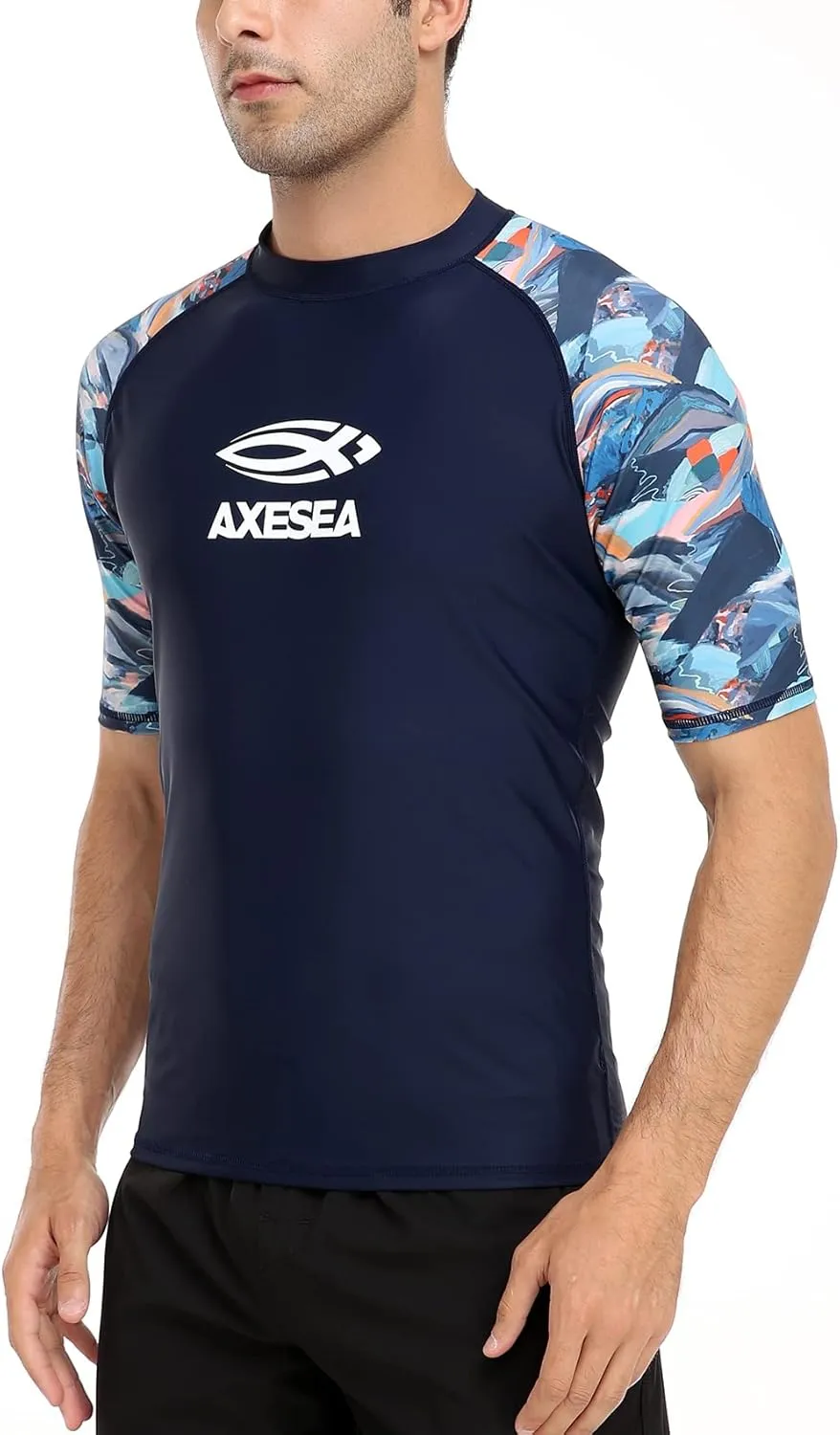 AXESEA Men's Short Sleeve Solid Swimsuit Sun Protection Rashguard Swim Shirt UPF 50 