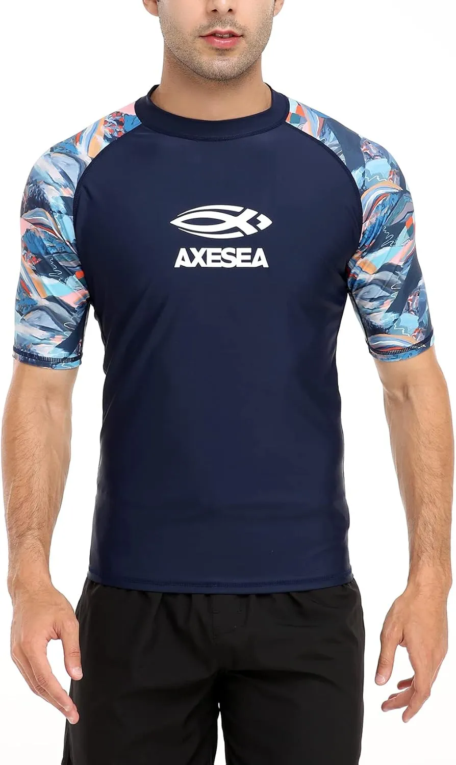 AXESEA Men's Short Sleeve Solid Swimsuit Sun Protection Rashguard Swim Shirt UPF 50 