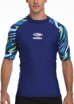 AXESEA Men's Short Sleeve Solid Swimsuit Sun Protection Rashguard Swim Shirt UPF 50 
