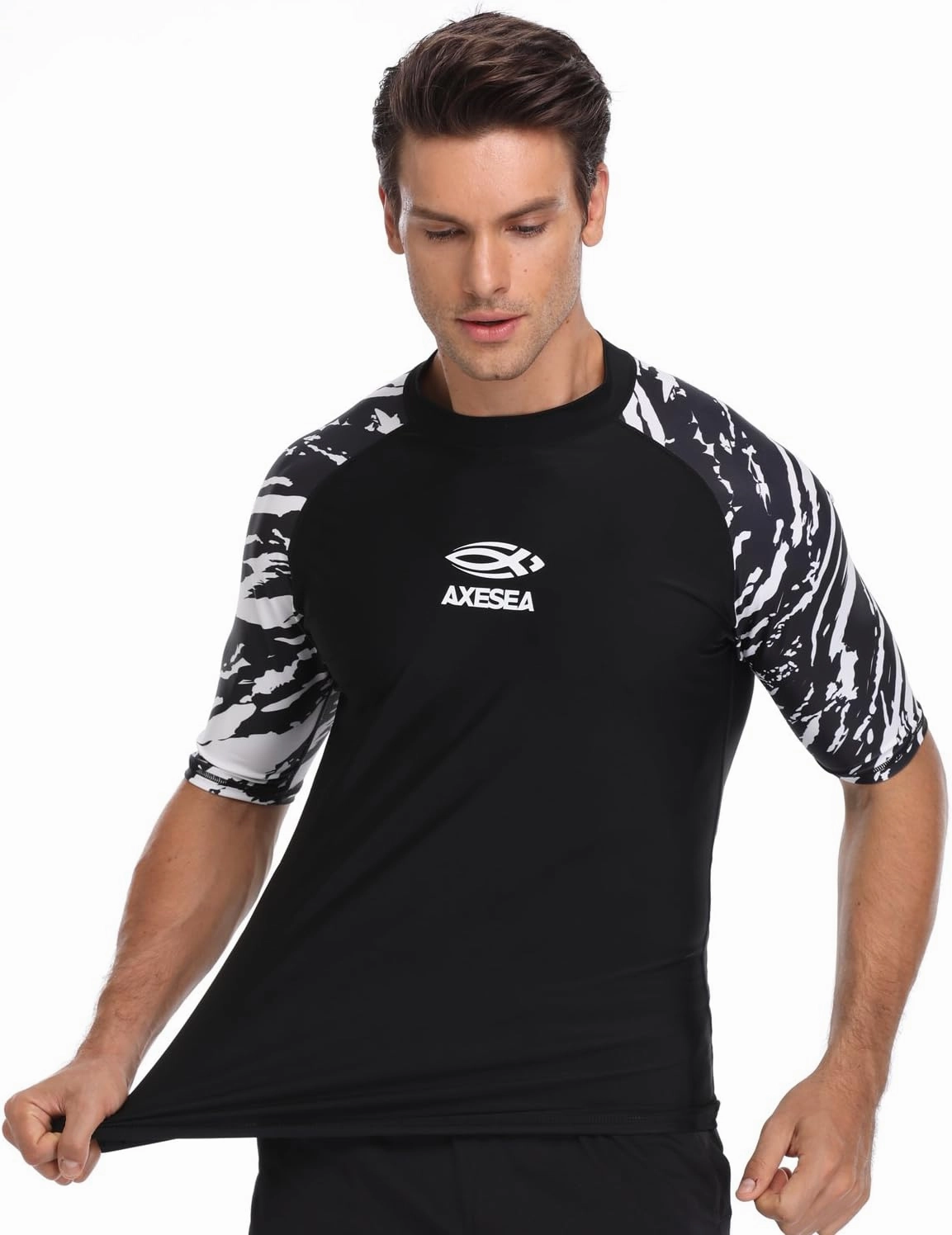 AXESEA Men's Short Sleeve Solid Swimsuit Sun Protection Rashguard Swim Shirt UPF 50 