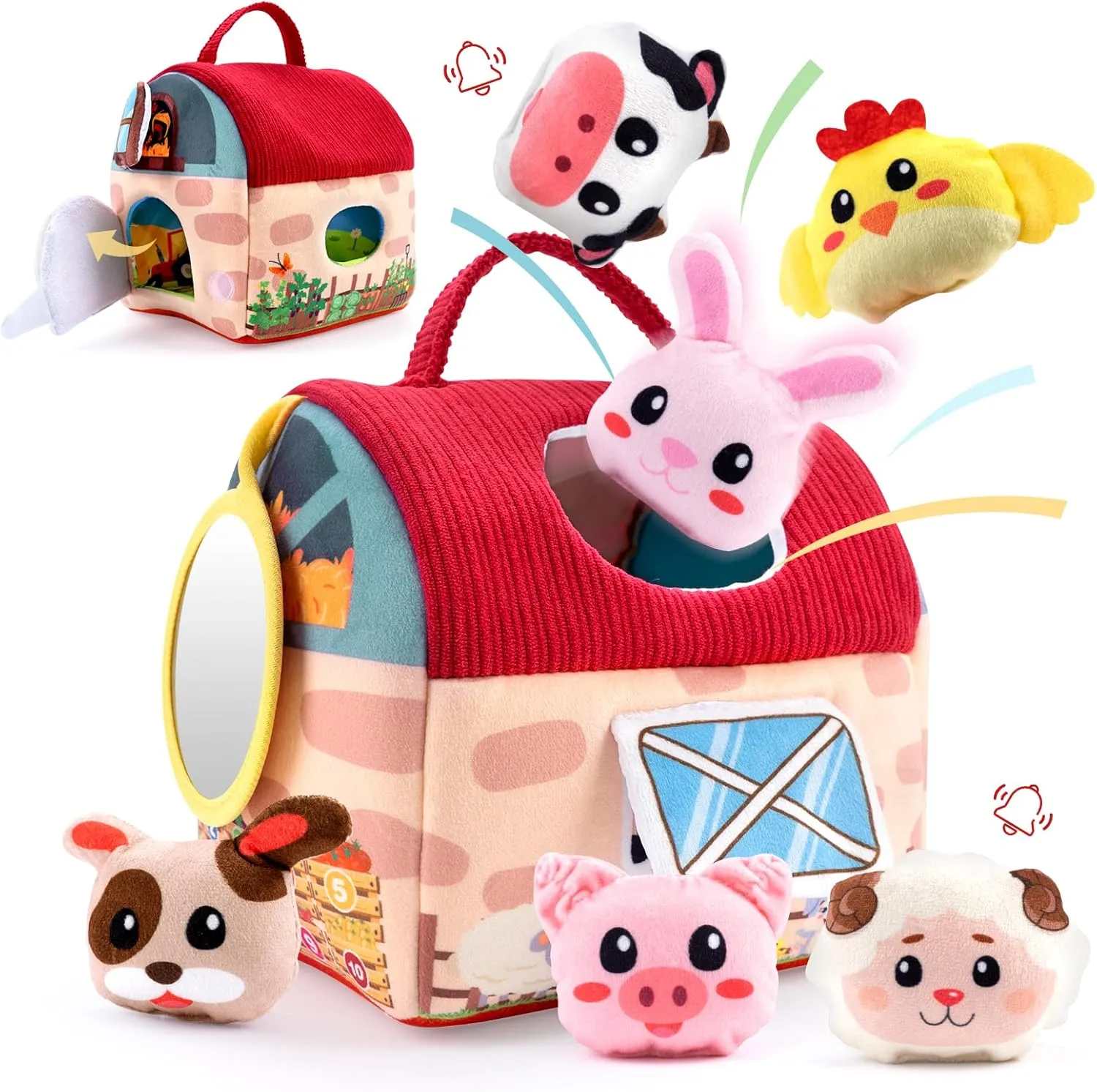 Baby Mini Plush Animal House 6-12 Months - Mysterious Soft Box Set with 6 Sensory Toys, Piglet, Lamb, Puppy, Calf, Chick, and Bunny - Boxed Baby Gift, Soft and Educational Toys