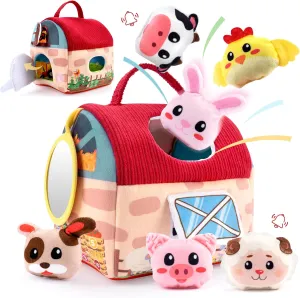Baby Mini Plush Animal House 6-12 Months - Mysterious Soft Box Set with 6 Sensory Toys, Piglet, Lamb, Puppy, Calf, Chick, and Bunny - Boxed Baby Gift, Soft and Educational Toys