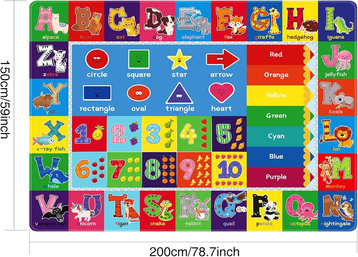 Baby Play Mat Kids Rug for Playroom, Floor Mat for Toddlers, Playtime Collection ABC, Numbers, Animals Educational Area Rugs for Kids Room Classroom ( 78.7X 59 Inch)