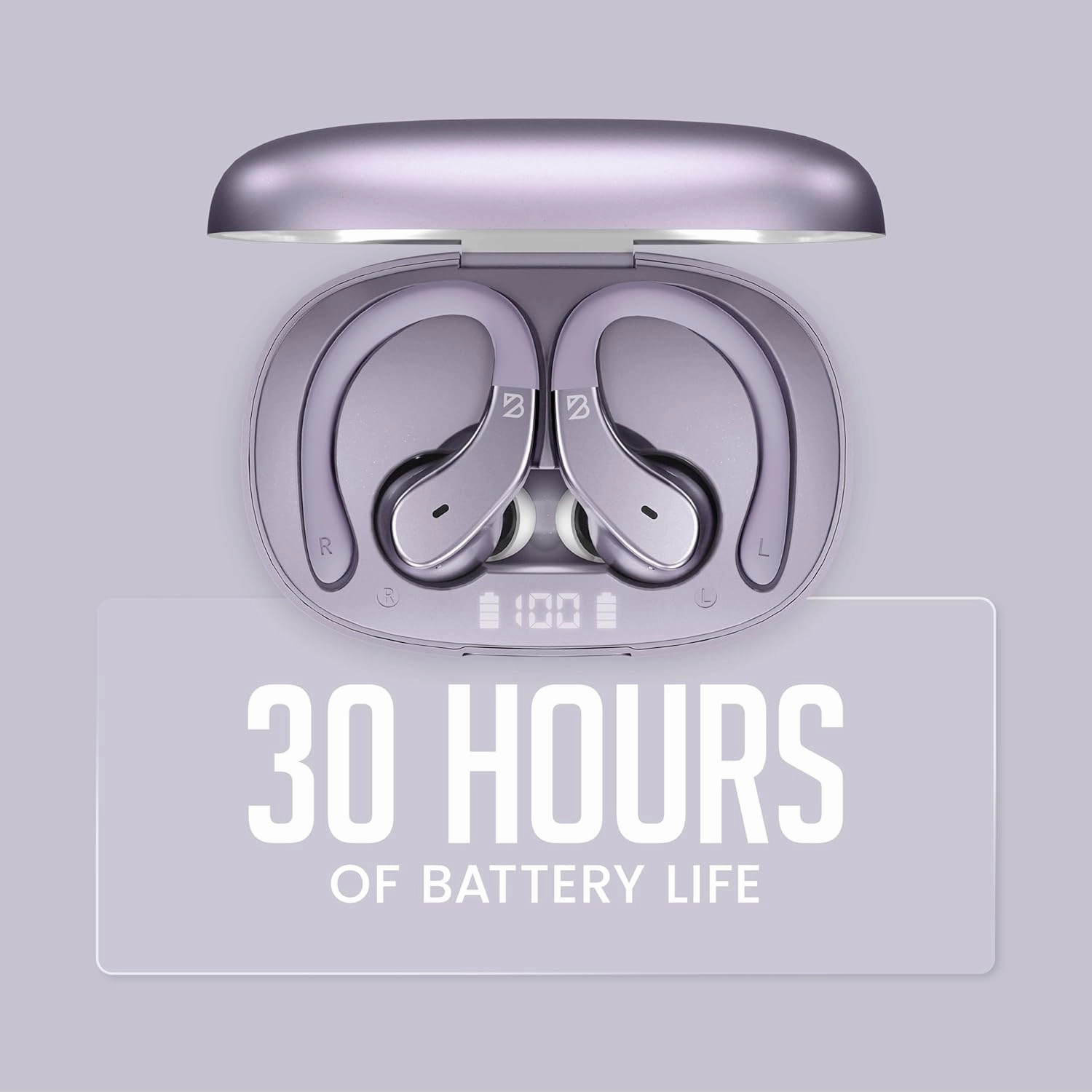 Back Bay Audio Runner 40 - Secure-Fit Wireless Earbuds, Running Bluetooth Earphones for Women and Men, Purple Deep Bass Wrap Around Earbuds for Small Ear Canals with EarHooks, Light Over The Ear Buds