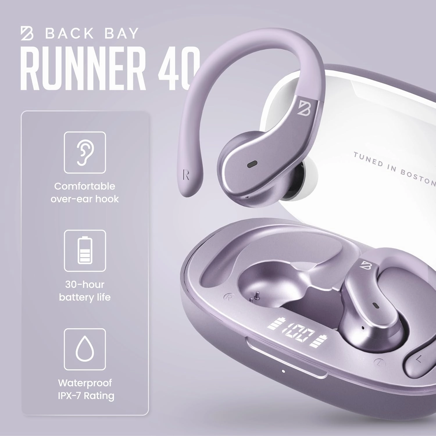 Back Bay Audio Runner 40 - Secure-Fit Wireless Earbuds, Running Bluetooth Earphones for Women and Men, Purple Deep Bass Wrap Around Earbuds for Small Ear Canals with EarHooks, Light Over The Ear Buds