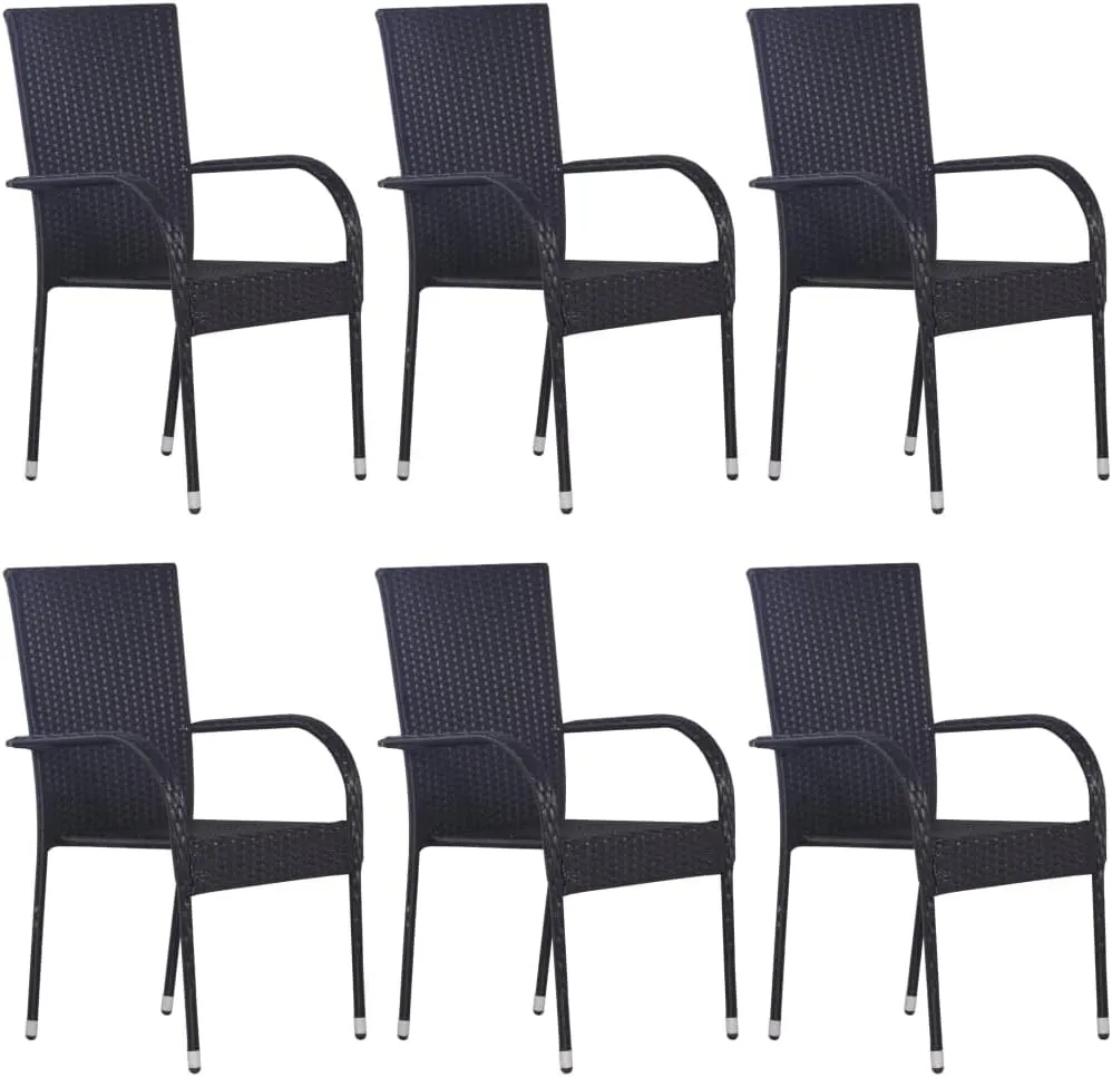 Balcony Chairs, Pool Chair,Stackable Patio Chairs 6 pcs, Easy to Clean Suitable for Patio, Deck, Front Porch, Garden Poly Rattan Black