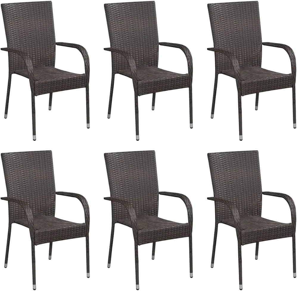 Balcony Chairs, Pool Chair,Stackable Patio Chairs 6 pcs, Easy to Clean Suitable for Patio, Deck, Front Porch, Garden Poly Rattan Brown