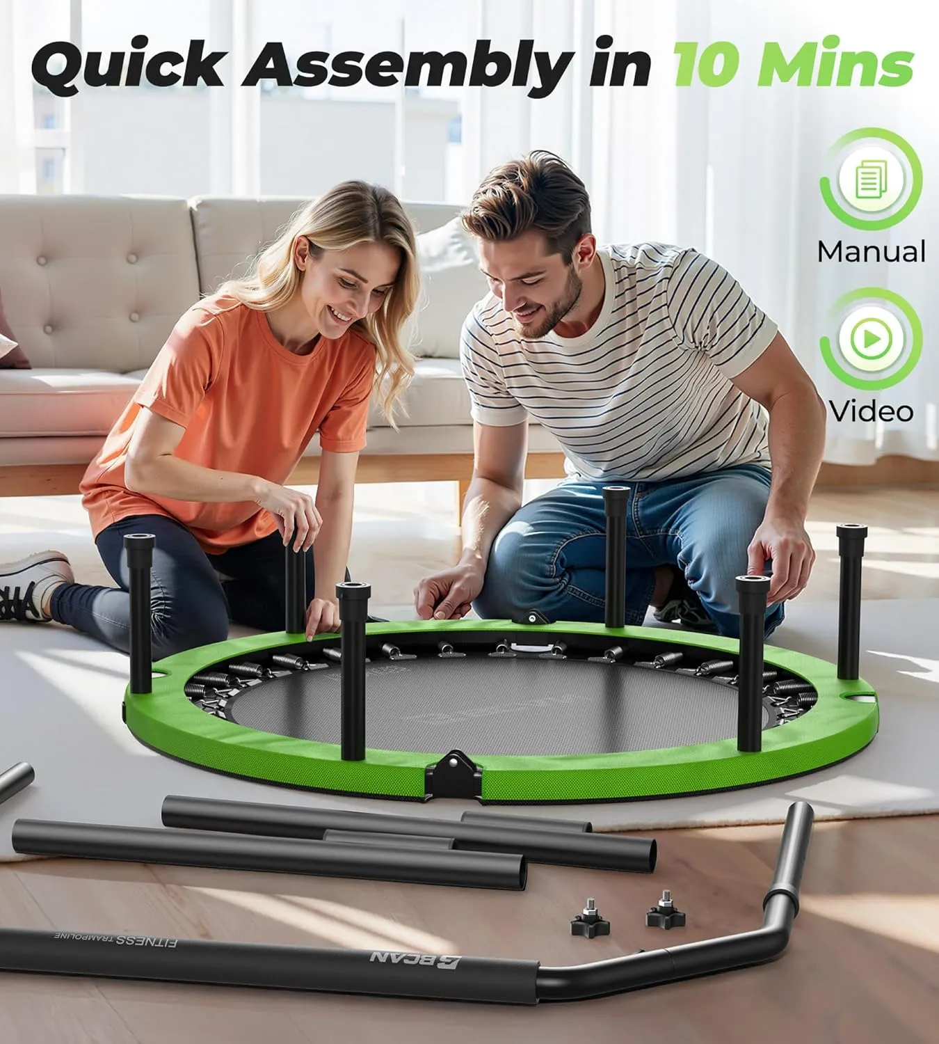 BCAN 40"/48" Foldable Mini Trampoline, Rebounder Trampoline for Adults, Adjustable Foam Handle, Exercise Rebounder for Adults Indoor/Garden Workout, Max Load 330lbs/440lbs