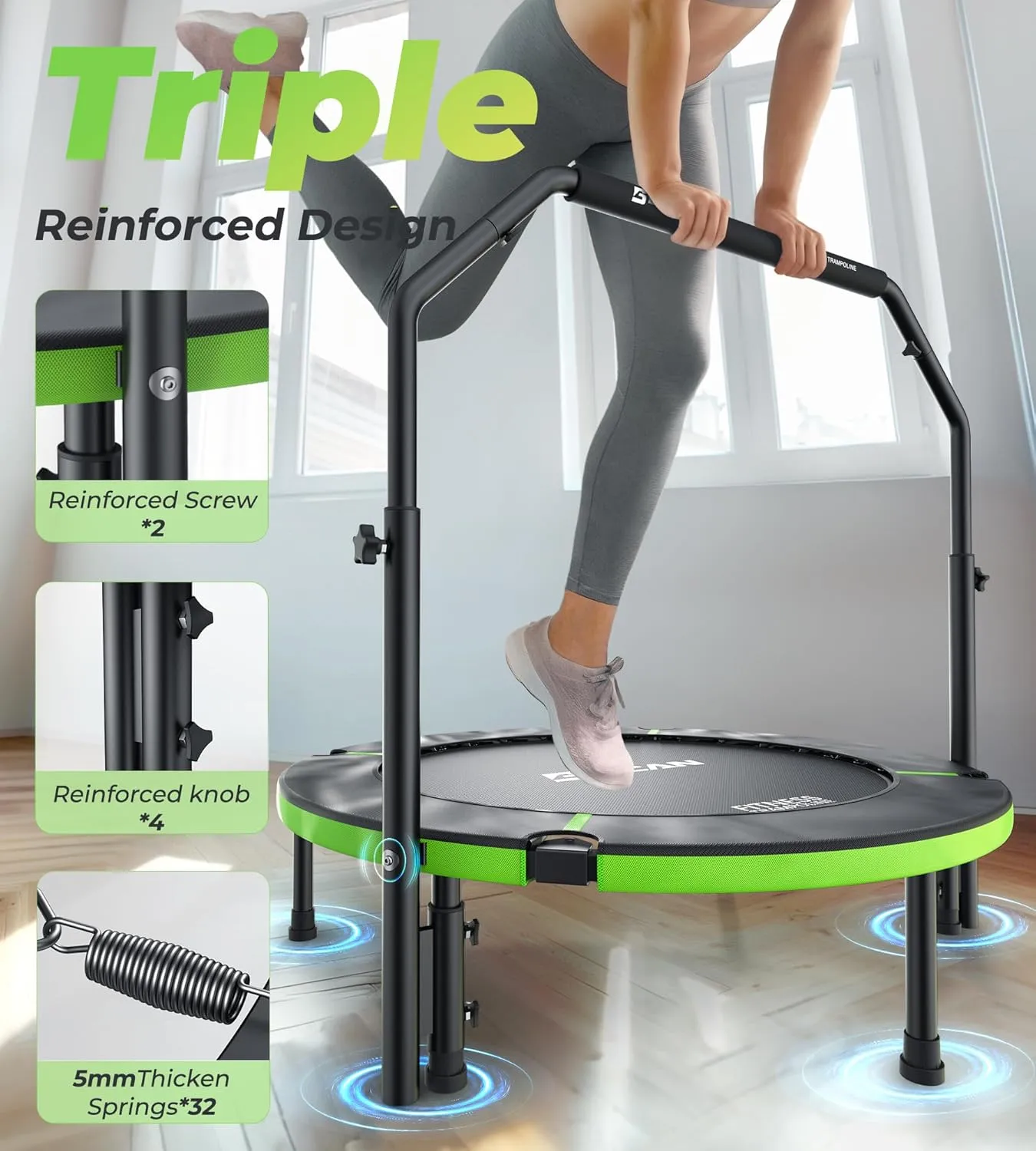 BCAN 40"/48" Foldable Mini Trampoline, Rebounder Trampoline for Adults, Adjustable Foam Handle, Exercise Rebounder for Adults Indoor/Garden Workout, Max Load 330lbs/440lbs