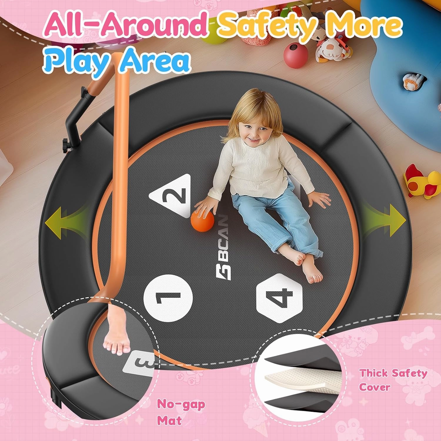 BCAN 36'' Toddler Trampoline, ASTM Certified-Foldable Mini Trampolines for Kids Ages 1-6, Adjustable Handle, Safety Pad & Foldable Legs, Baby Trampoline Indoor/Garden, Gift for Boy and Girl