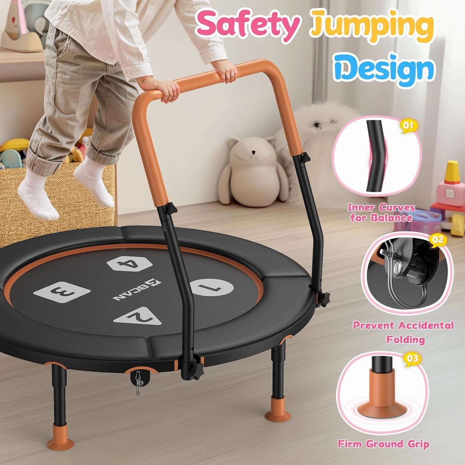 BCAN 36'' Toddler Trampoline, ASTM Certified-Foldable Mini Trampolines for Kids Ages 1-6, Adjustable Handle, Safety Pad & Foldable Legs, Baby Trampoline Indoor/Garden, Gift for Boy and Girl