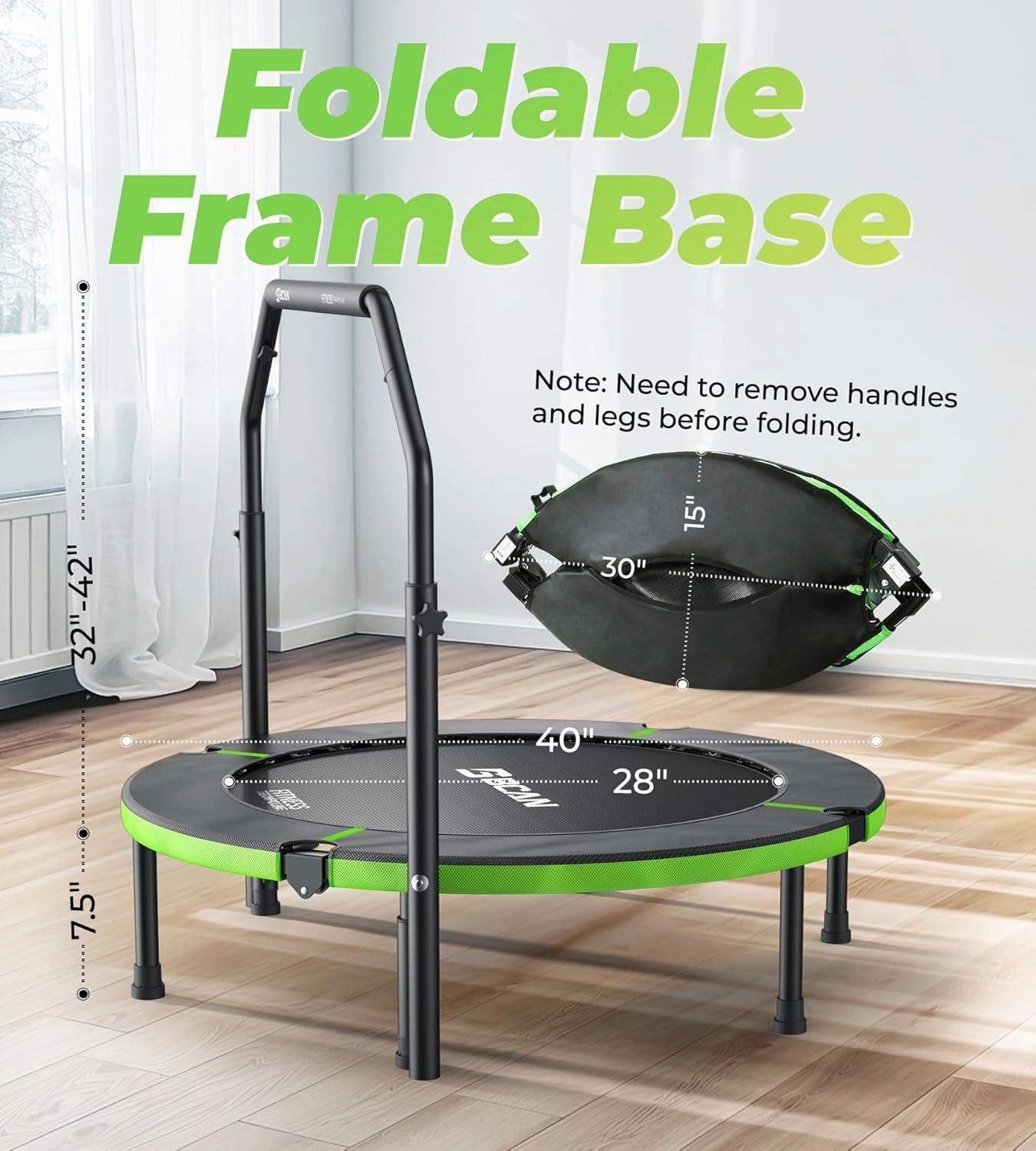 BCAN 40"/48" Foldable Mini Trampoline, Rebounder Trampoline for Adults, Adjustable Foam Handle, Exercise Rebounder for Adults Indoor/Garden Workout, Max Load 330lbs/440lbs