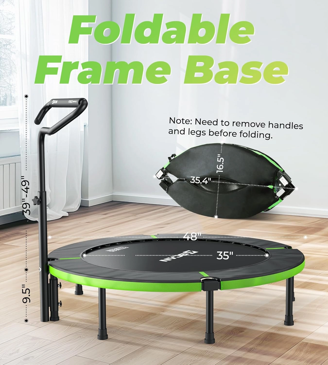 BCAN 40"/48" Foldable Mini Trampoline, Rebounder Trampoline for Adults, U/T Shape Adjustable Foam Handle, Exercise Rebounder for Kids Adults Indoor/Garden Workout, Max Load 330lbs/440lbs