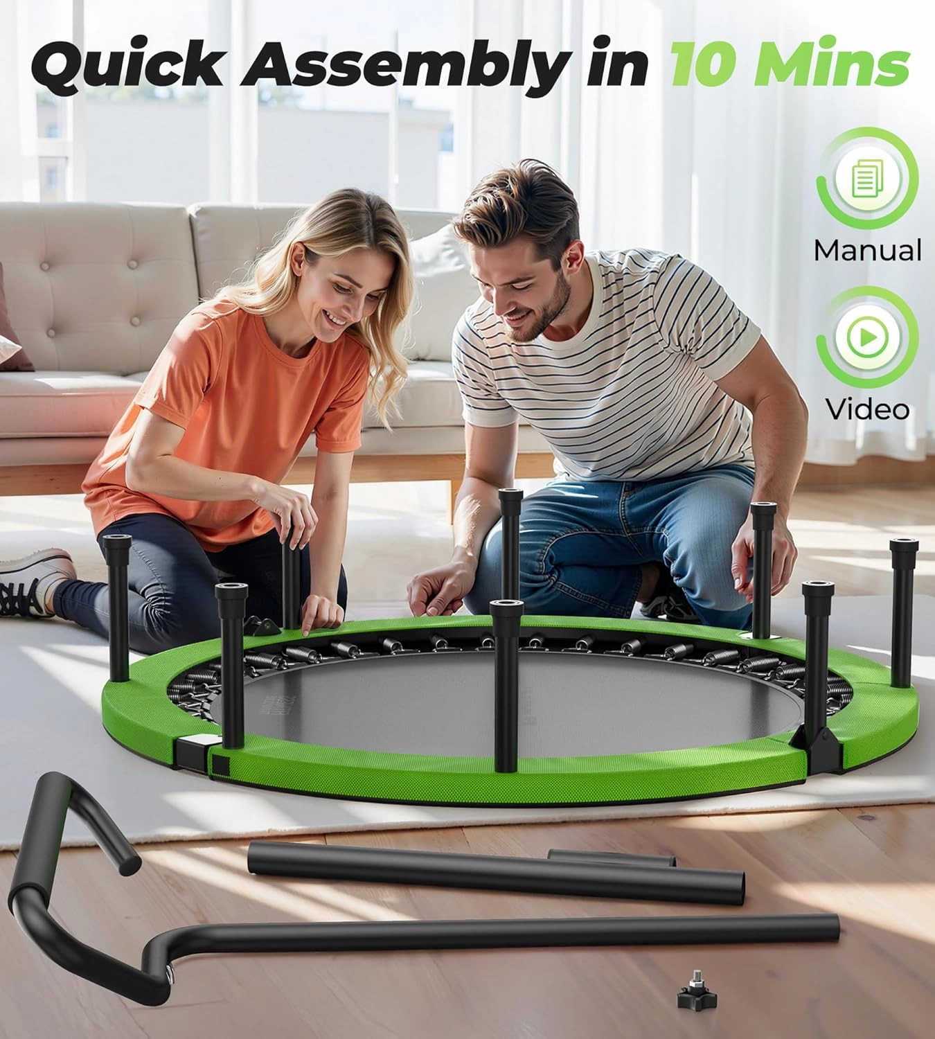 BCAN 40"/48" Foldable Mini Trampoline, Rebounder Trampoline for Adults, U/T Shape Adjustable Foam Handle, Exercise Rebounder for Kids Adults Indoor/Garden Workout, Max Load 330lbs/440lbs