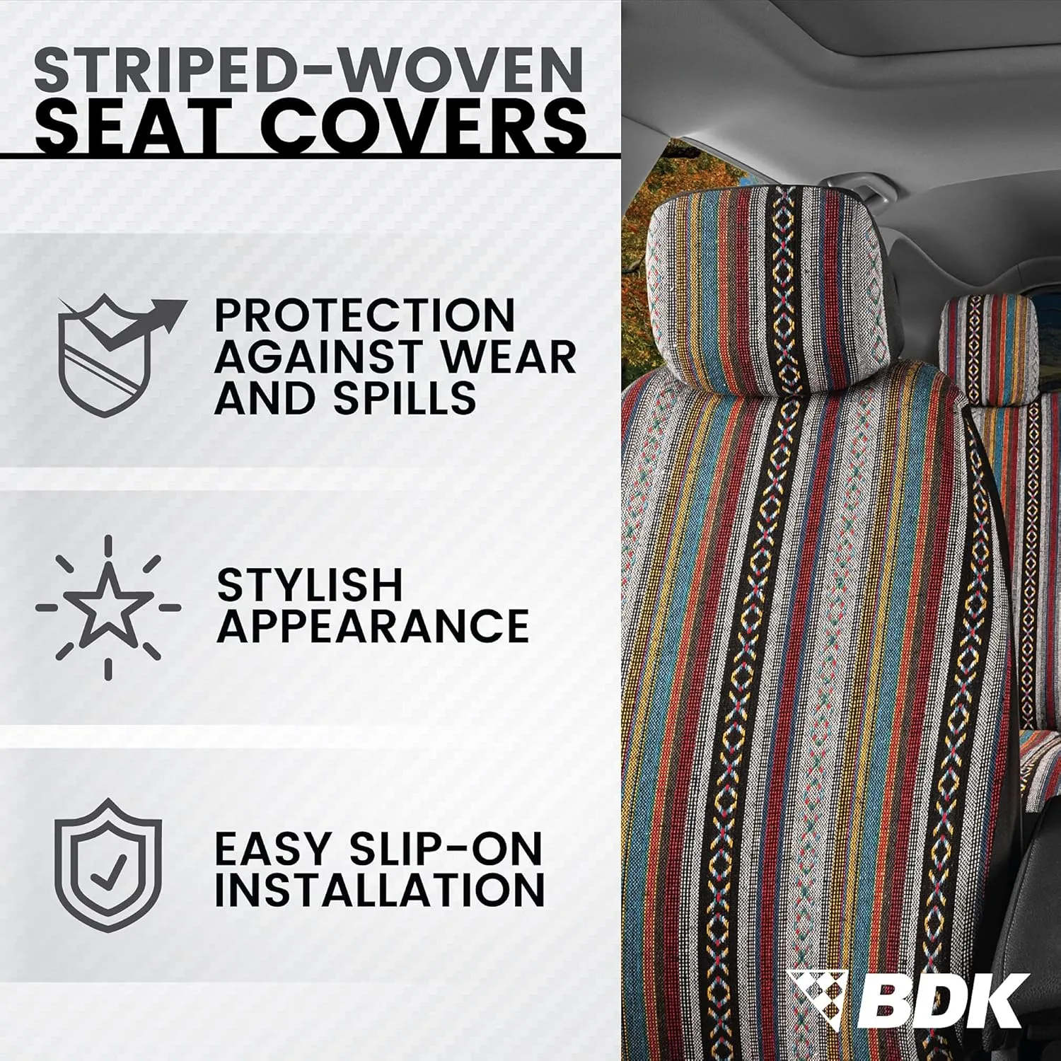 BDK Saddle Blanket Seat Covers for Cars Full Set - Multi-Color Baja Striped Woven Mexican with Matching Headrest Covers for Truck Auto Van SUV