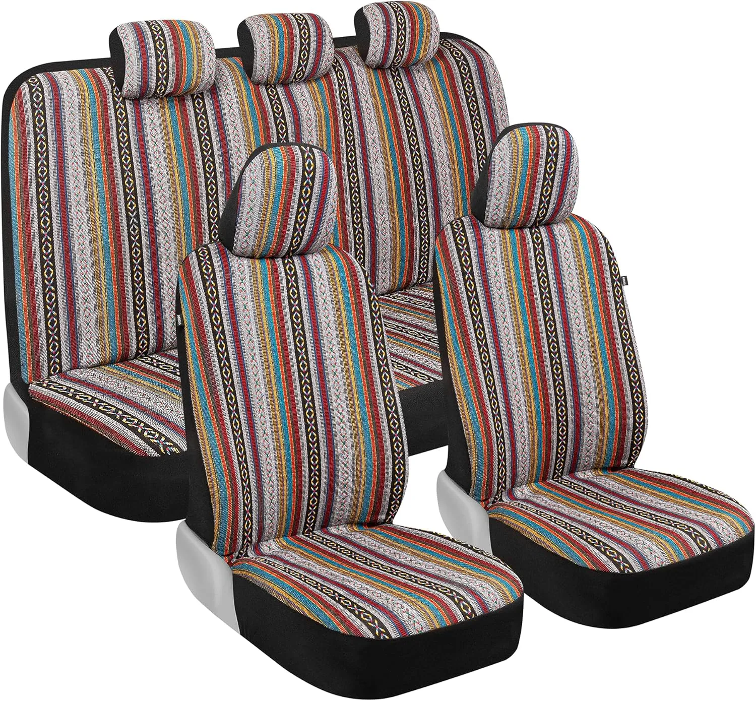 BDK Saddle Blanket Seat Covers for Cars Full Set - Multi-Color Baja Striped Woven Mexican with Matching Headrest Covers for Truck Auto Van SUV