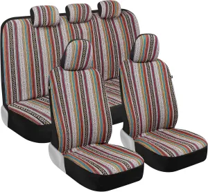 BDK Saddle Blanket Seat Covers for Cars Full Set - Multi-Color Baja Striped Woven Mexican with Matching Headrest Covers for Truck Auto Van SUV