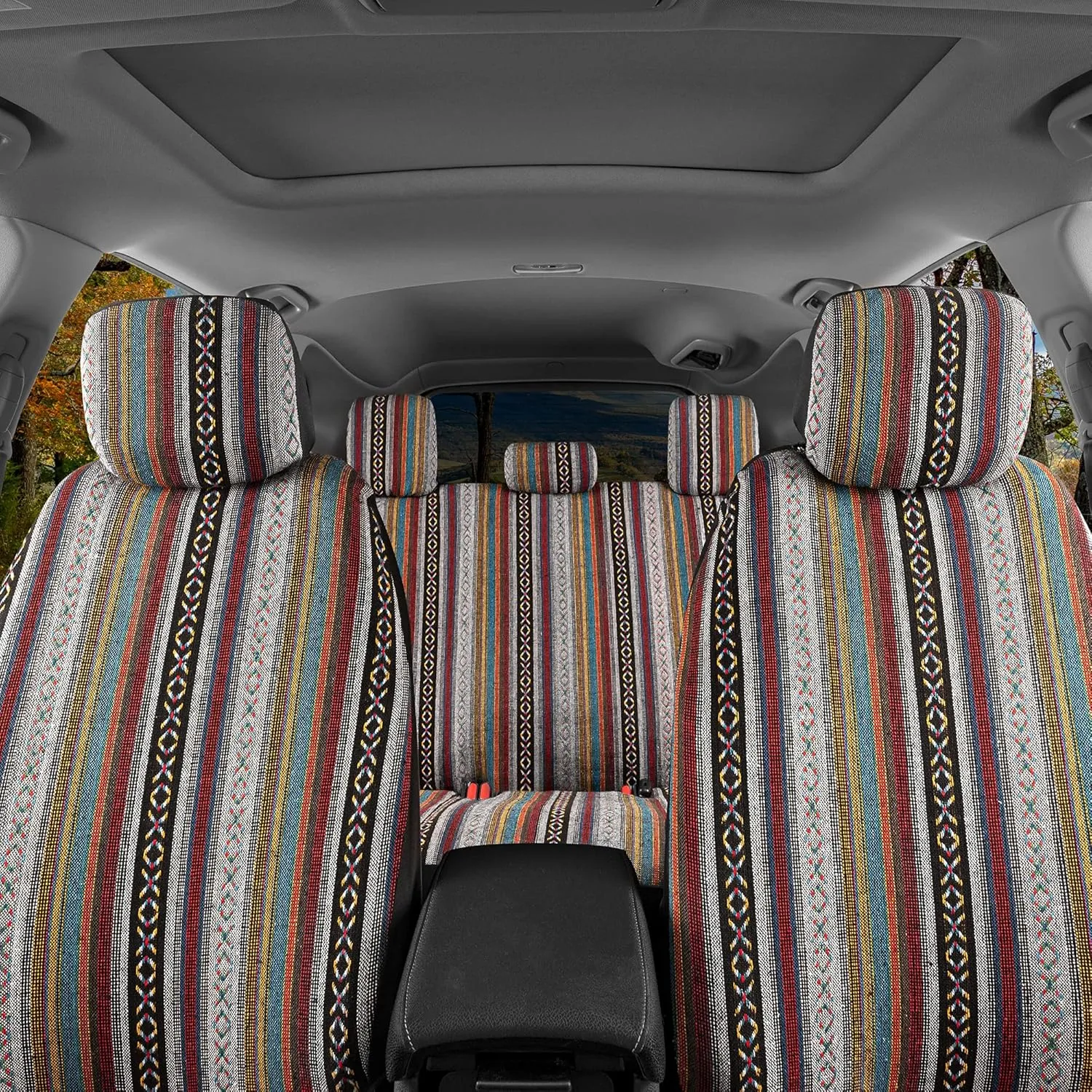 BDK Saddle Blanket Seat Covers for Cars Full Set - Multi-Color Baja Striped Woven Mexican with Matching Headrest Covers for Truck Auto Van SUV