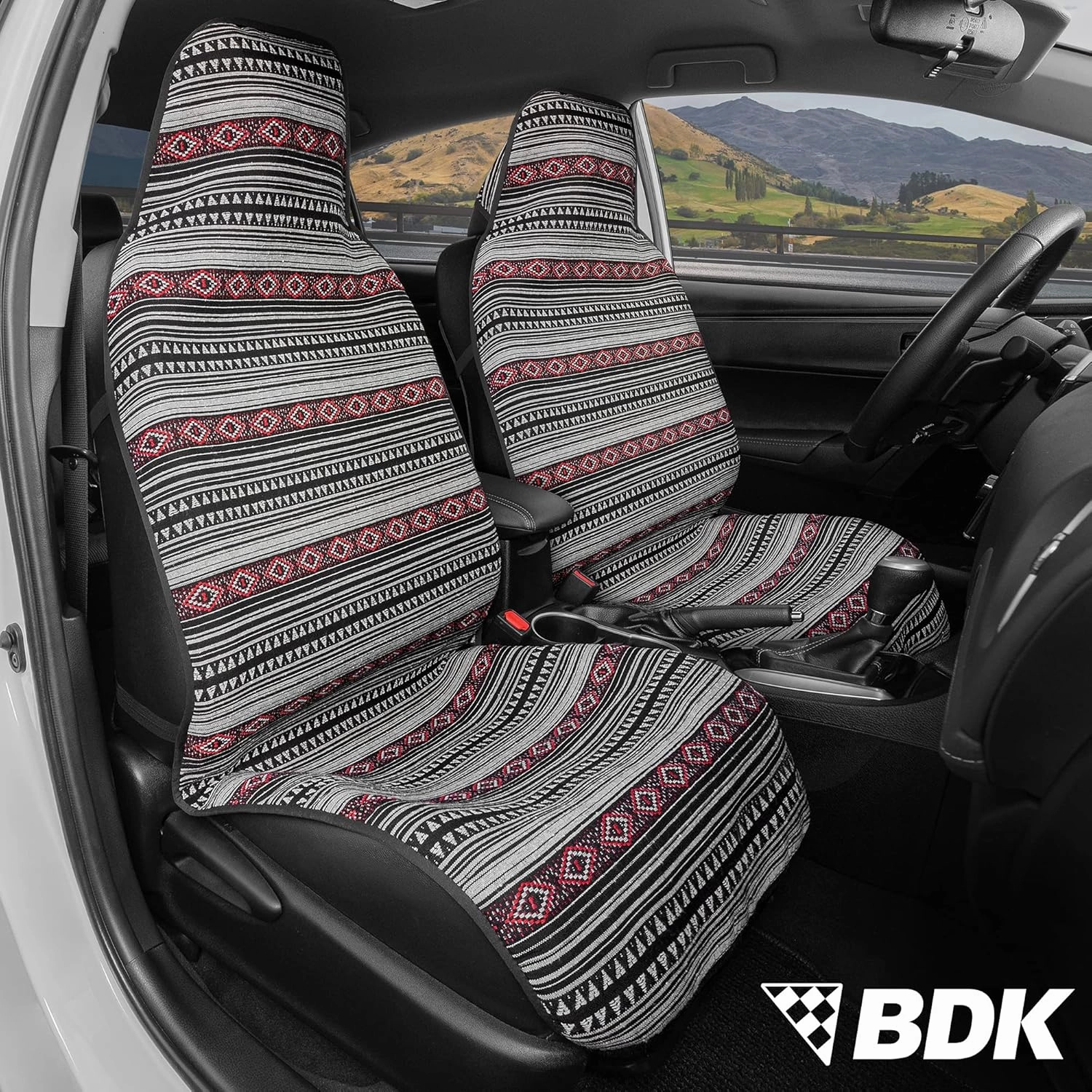 BDK Black Saddle Blanket Car Seat Covers for Front Seats, 2 Pack – Baja Mexican Blanket Seat Covers for Car Truck Van SUV Auto, Easy to Install Aztec Style Woven Seat Covers