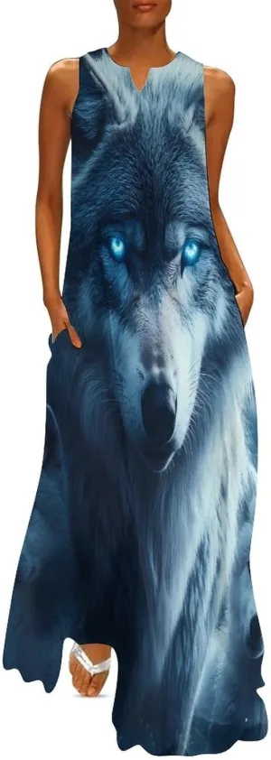 Beautiful Night Three Wolf Women's Maxi Dress V-Neck Sleeveless Summer Casual Beach Long Dresses