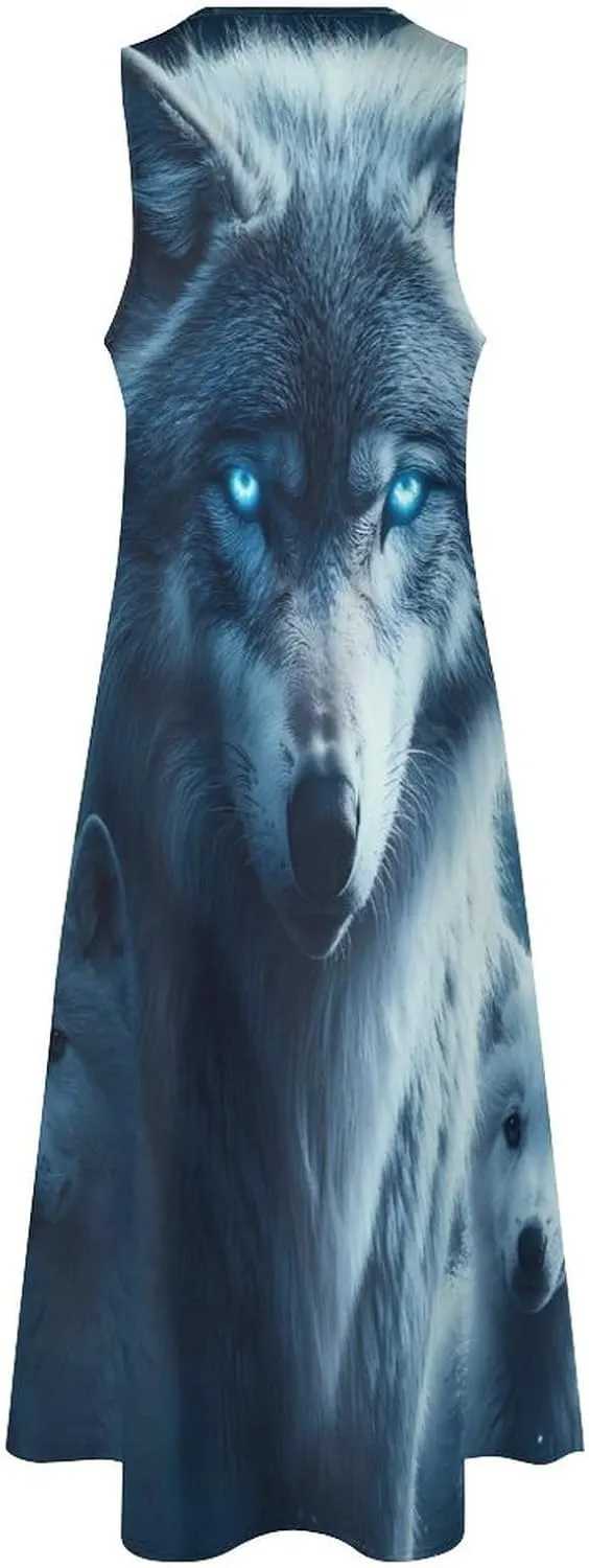 Beautiful Night Three Wolf Women's Maxi Dress V-Neck Sleeveless Summer Casual Beach Long Dresses