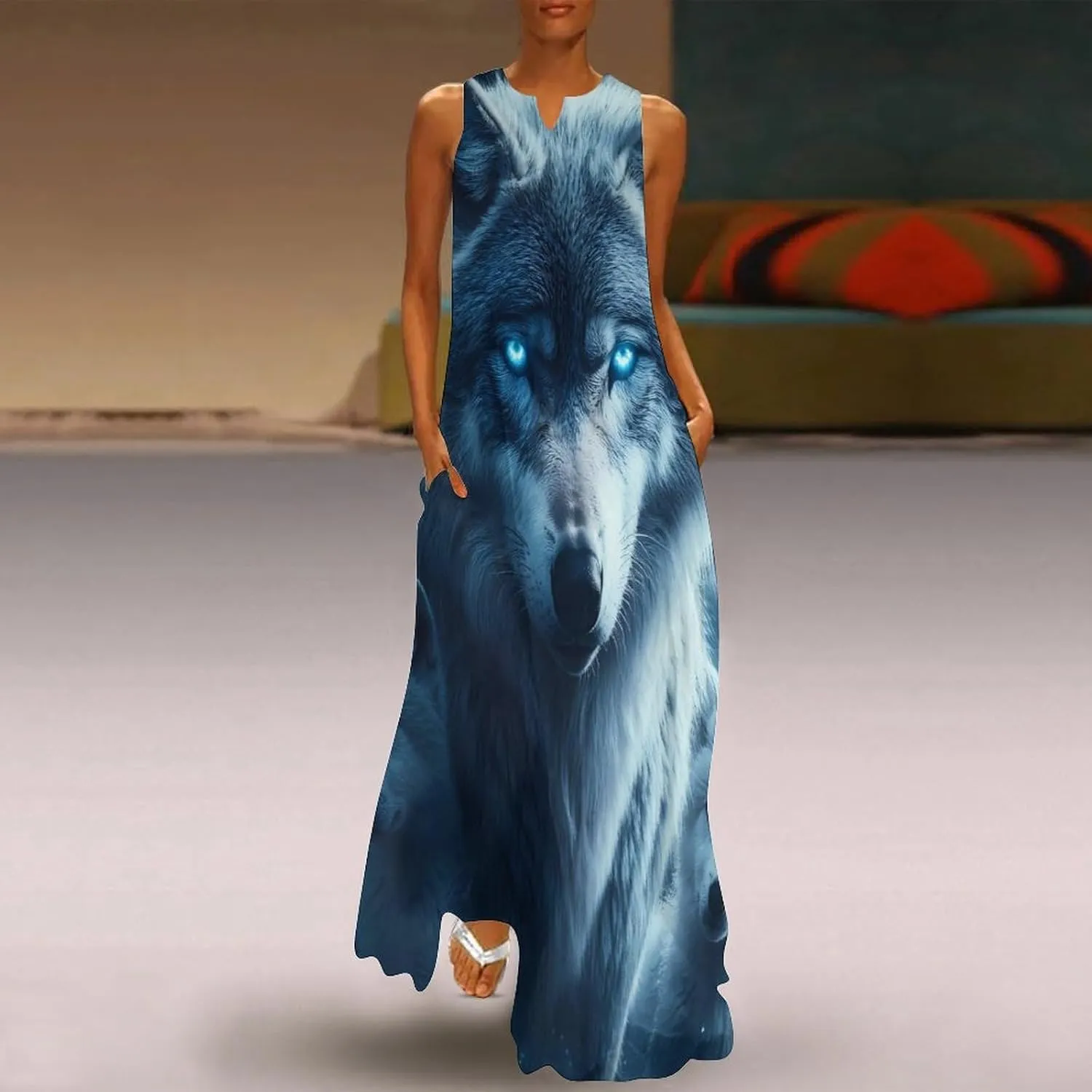 Beautiful Night Three Wolf Women's Maxi Dress V-Neck Sleeveless Summer Casual Beach Long Dresses