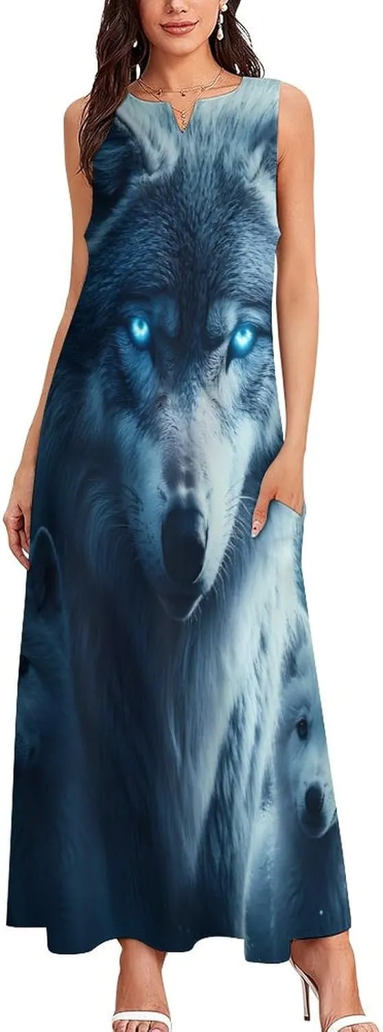Beautiful Night Three Wolf Women's Maxi Dress V-Neck Sleeveless Summer Casual Beach Long Dresses