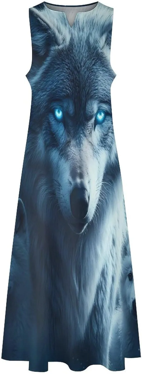 Beautiful Night Three Wolf Women's Maxi Dress V-Neck Sleeveless Summer Casual Beach Long Dresses