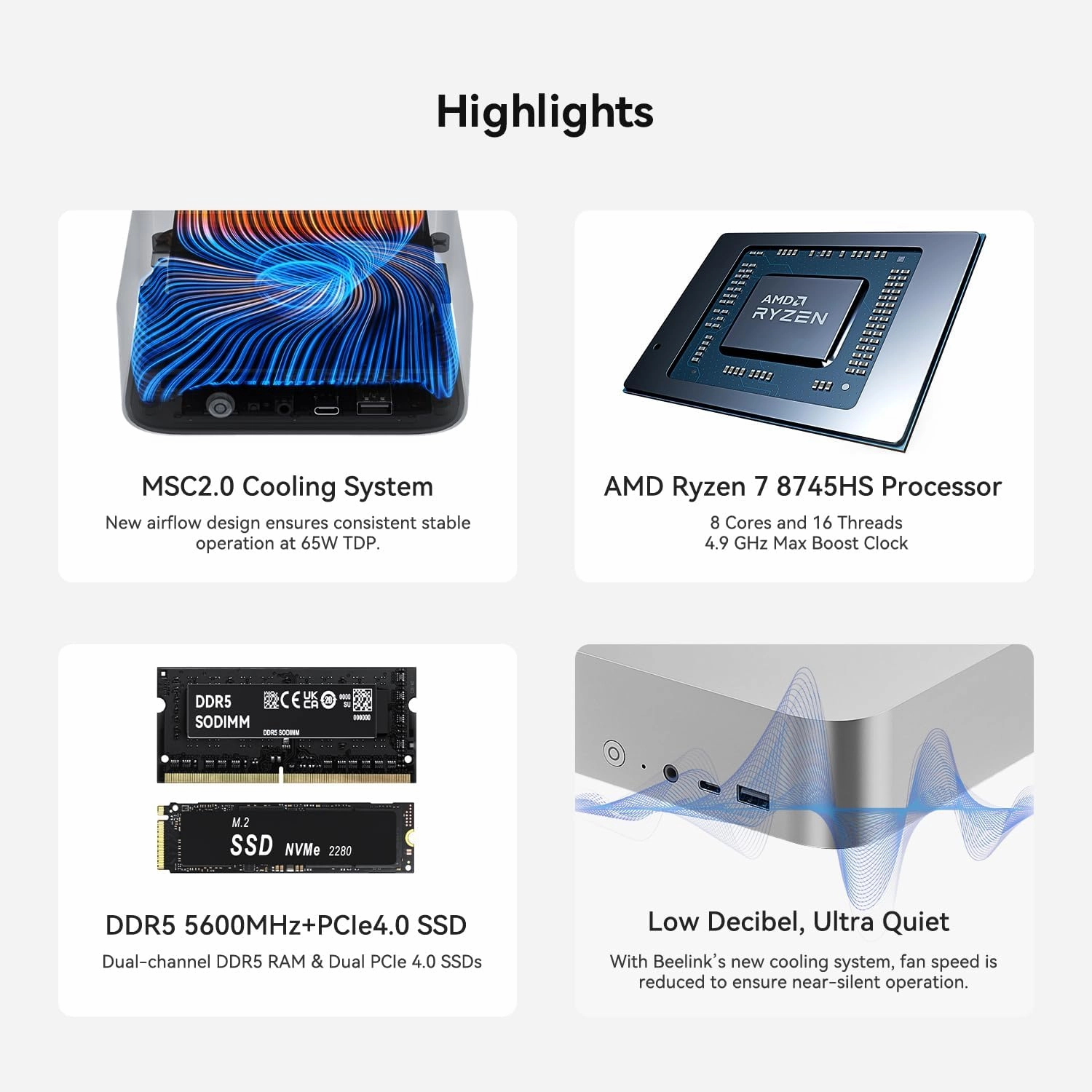 Beelink SER8 Mini PC, AMD Ryzen7 8745HS up to 4.9GHz(8C/16T),Mini Computer 32GB DDR5 RAM/1TB PCIe4.0 SSD/AMD Radeon 780M 12core 2600MHz Support 4K Triple Display/WiFi 6/BT5.2/2.5G LAN/HDMI DP/USB4