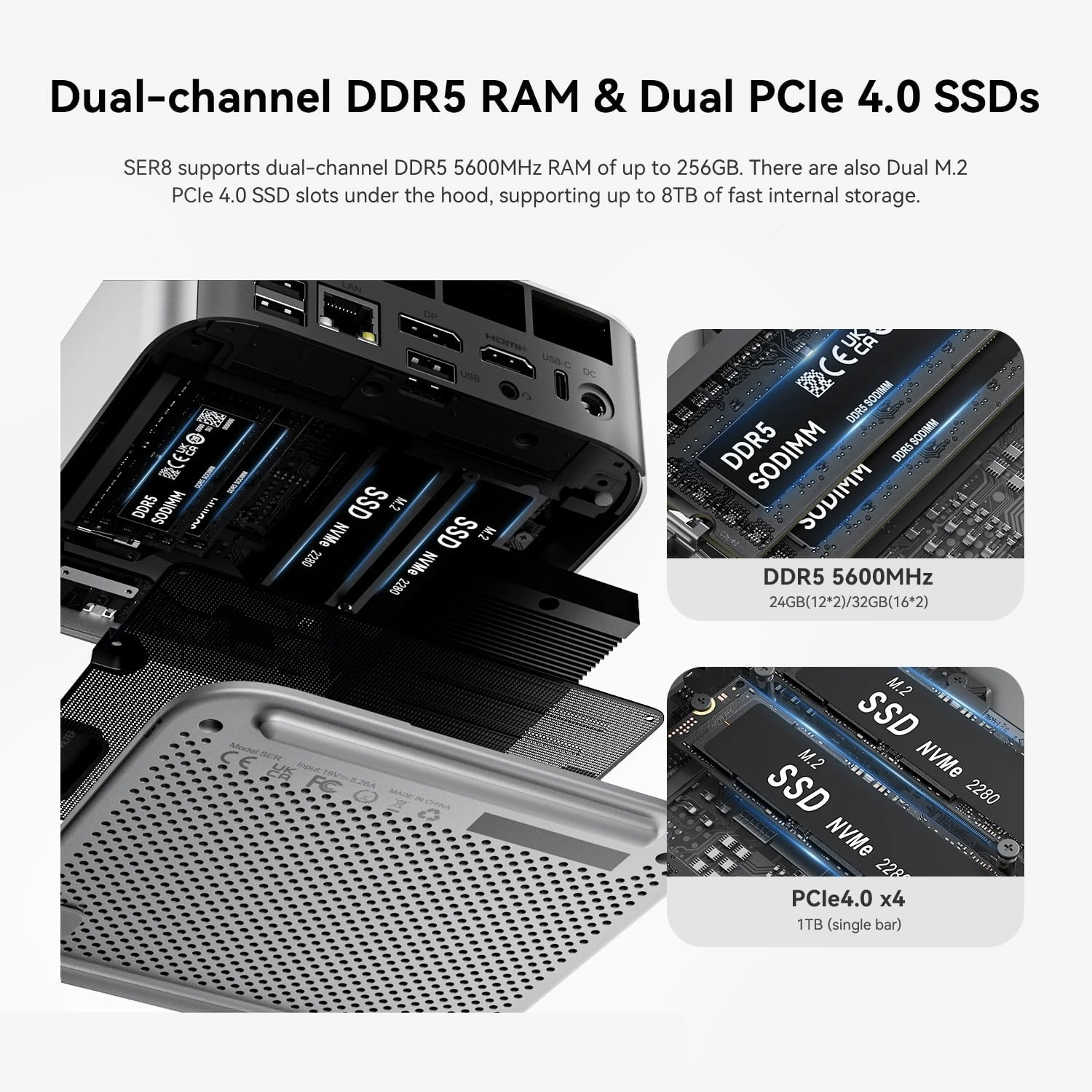 Beelink SER8 Mini PC, AMD Ryzen7 8745HS up to 4.9GHz(8C/16T),Mini Computer 32GB DDR5 RAM/1TB PCIe4.0 SSD/AMD Radeon 780M 12core 2600MHz Support 4K Triple Display/WiFi 6/BT5.2/2.5G LAN/HDMI DP/USB4