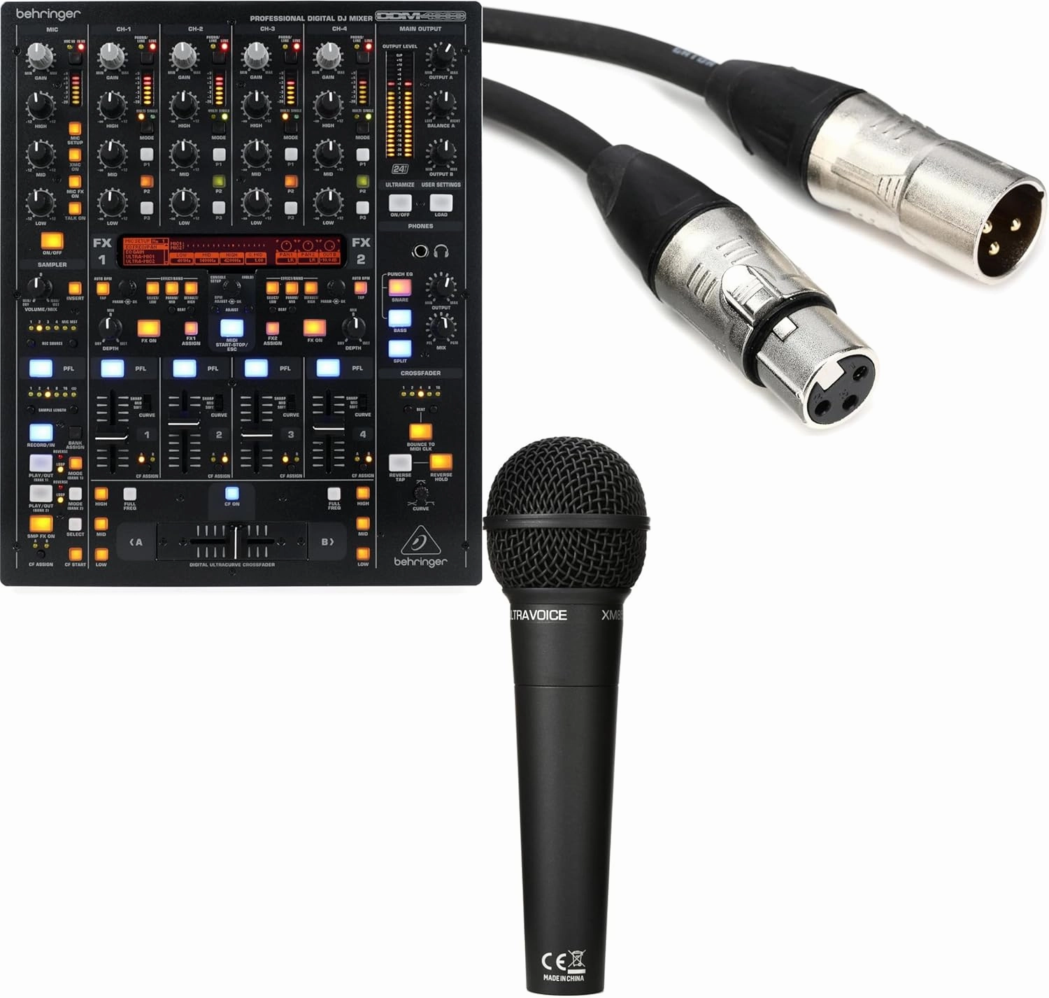 Behringer DDM4000 5-Channel Digital DJ Mixer Bundle with XM8500 Cardioid Dynamic Vocal Microphone, Professional XLR Cable, High-Performance Audio Mixer for DJs, Live Performances, and Studio Use