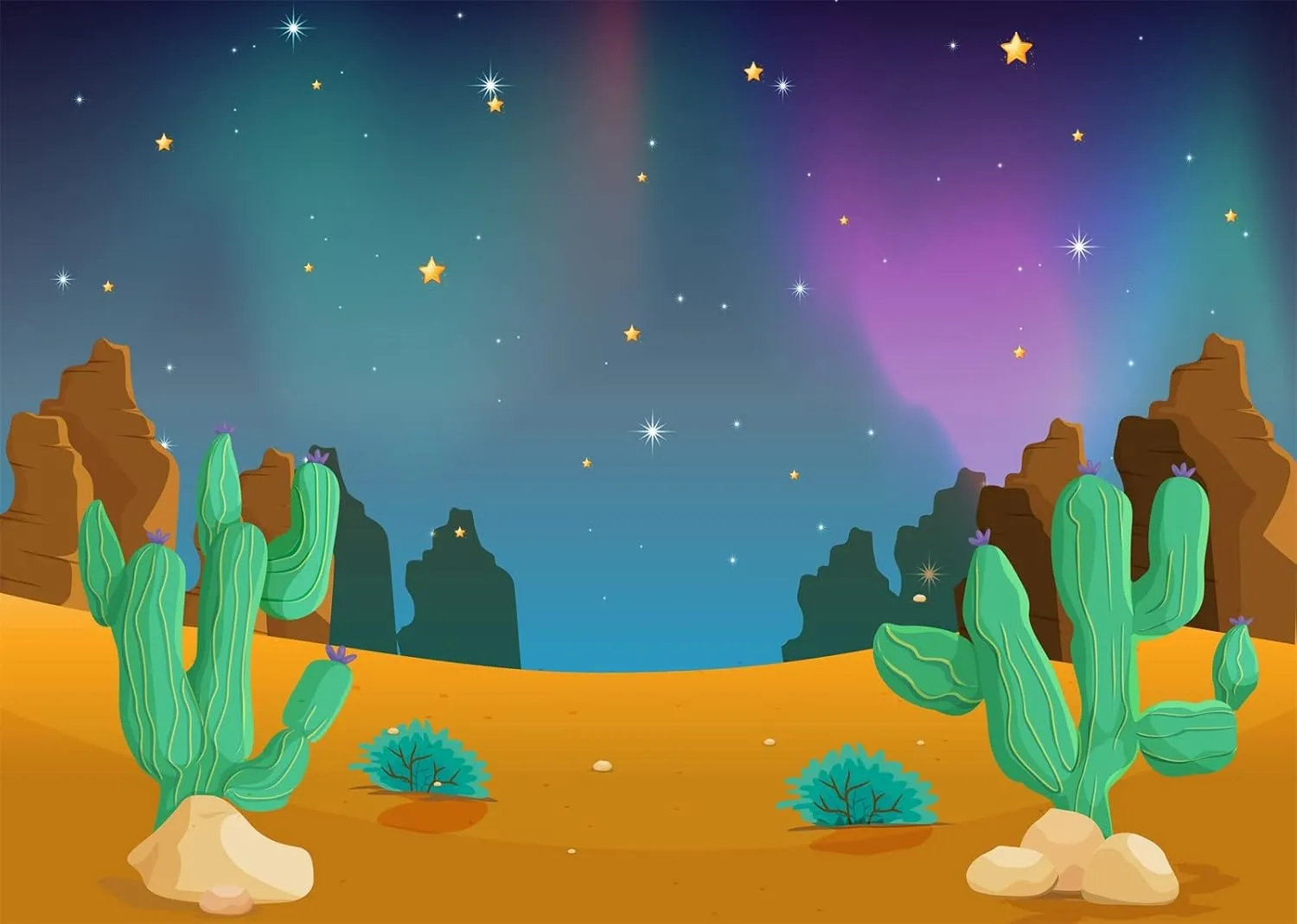 BELECO 6x4ft Fabric Cartoon Desert Night Backdrop for Photography Desert Mountain Scene Cactus Shiny Night Sky Stars Background Outdoor Adventure Camping Desert Party Decorations Kids Photo Props