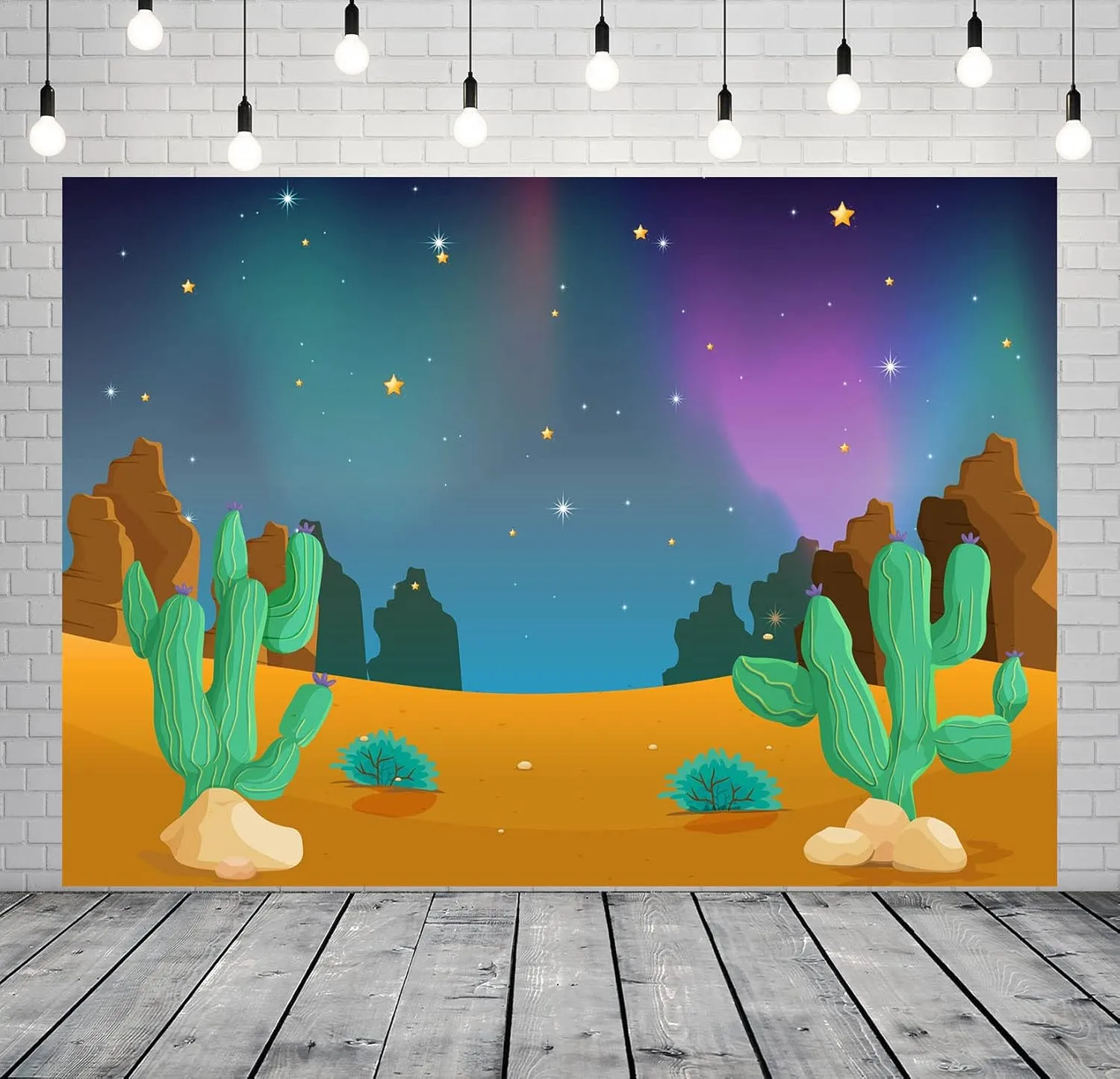 BELECO 6x4ft Fabric Cartoon Desert Night Backdrop for Photography Desert Mountain Scene Cactus Shiny Night Sky Stars Background Outdoor Adventure Camping Desert Party Decorations Kids Photo Props