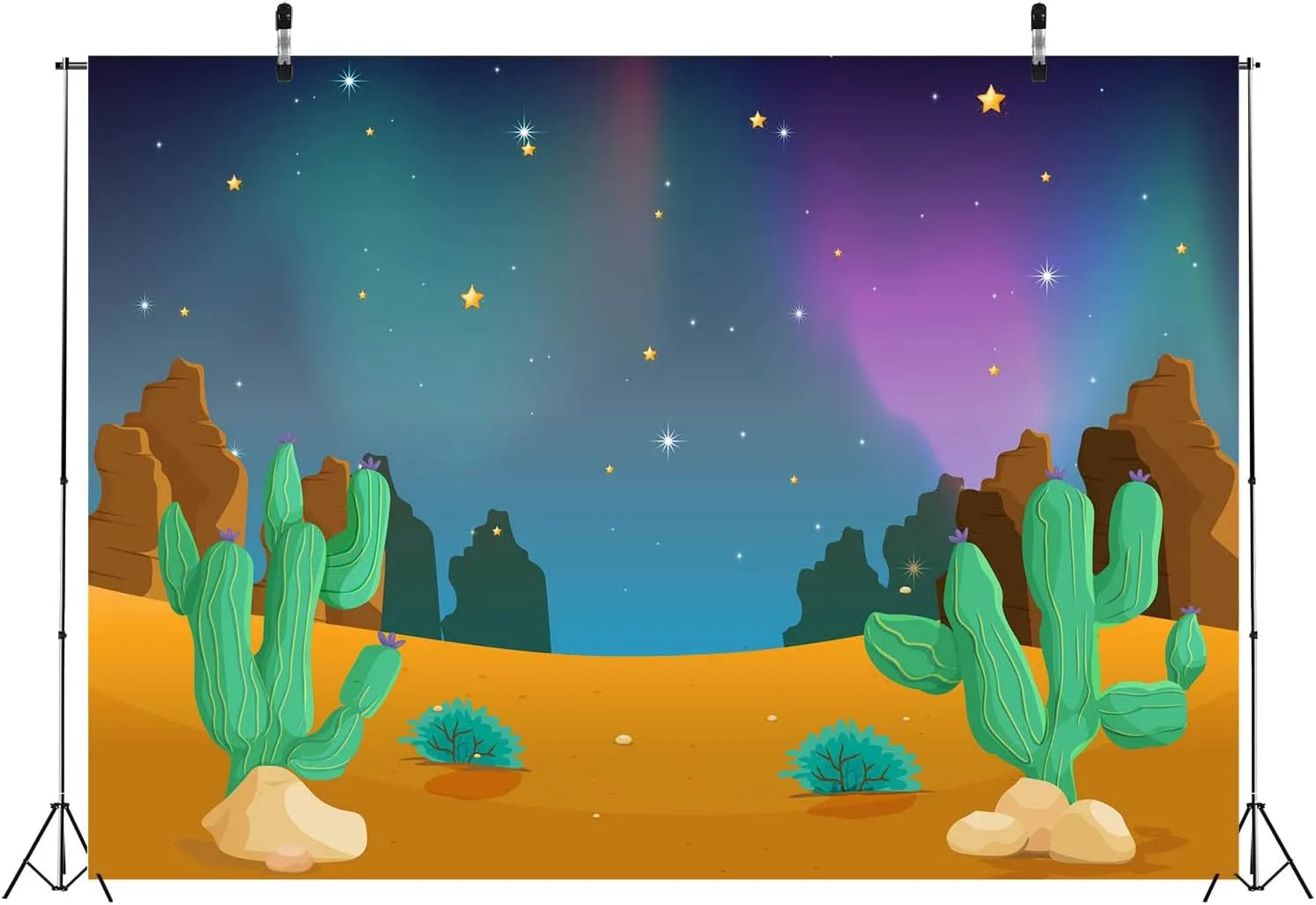 BELECO 6x4ft Fabric Cartoon Desert Night Backdrop for Photography Desert Mountain Scene Cactus Shiny Night Sky Stars Background Outdoor Adventure Camping Desert Party Decorations Kids Photo Props